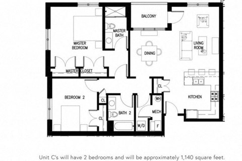 the floor plan of the unit will have 2 bedrooms and will have a